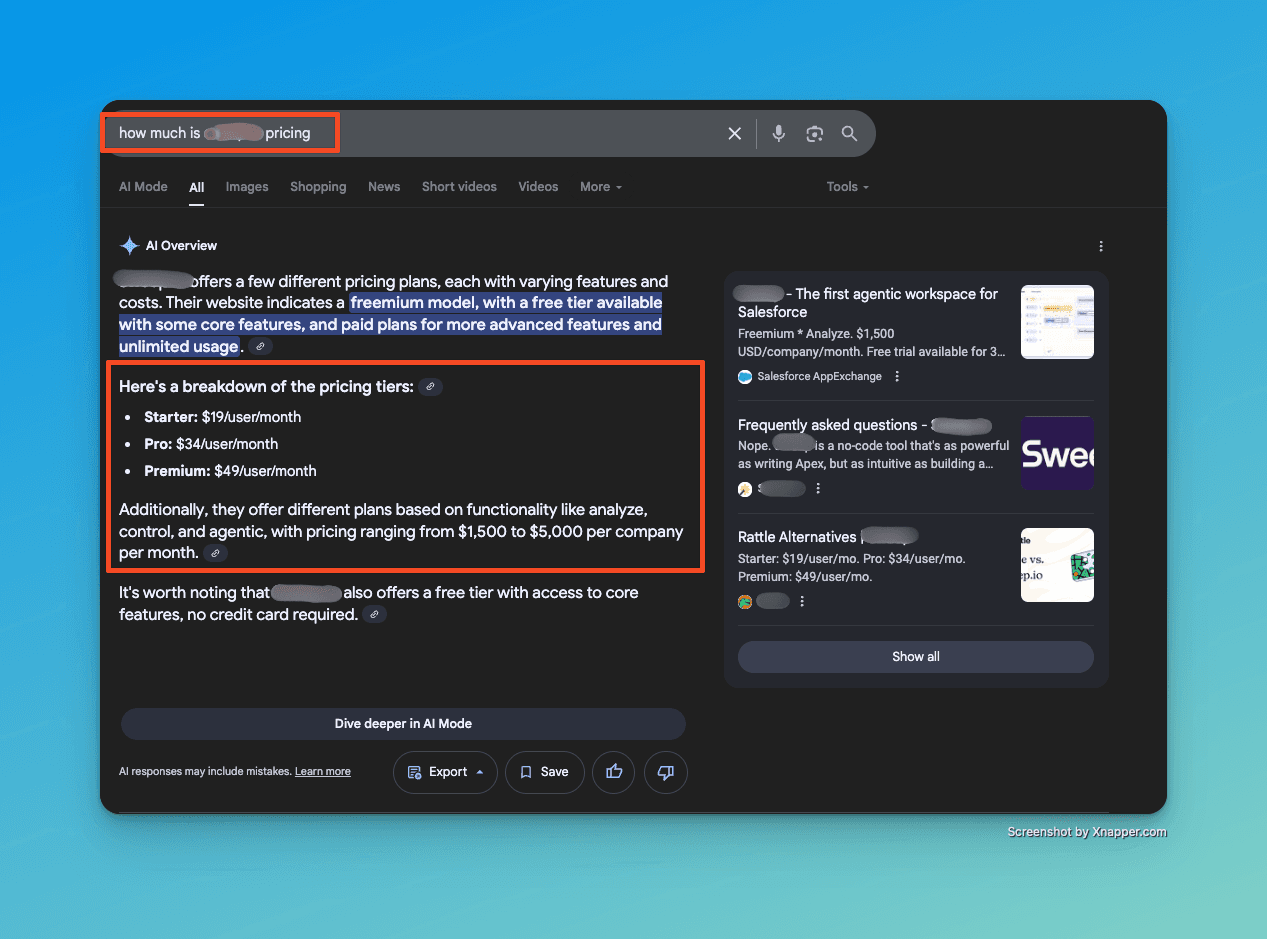 AI Overview showing incorrect pricing attribution